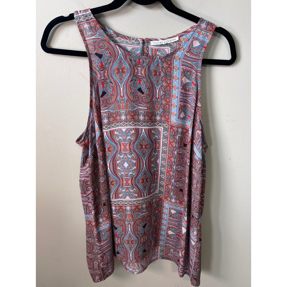Violetw + Claire Womens Paisley Patchwork Sleeveless Blouse Blue Red Large